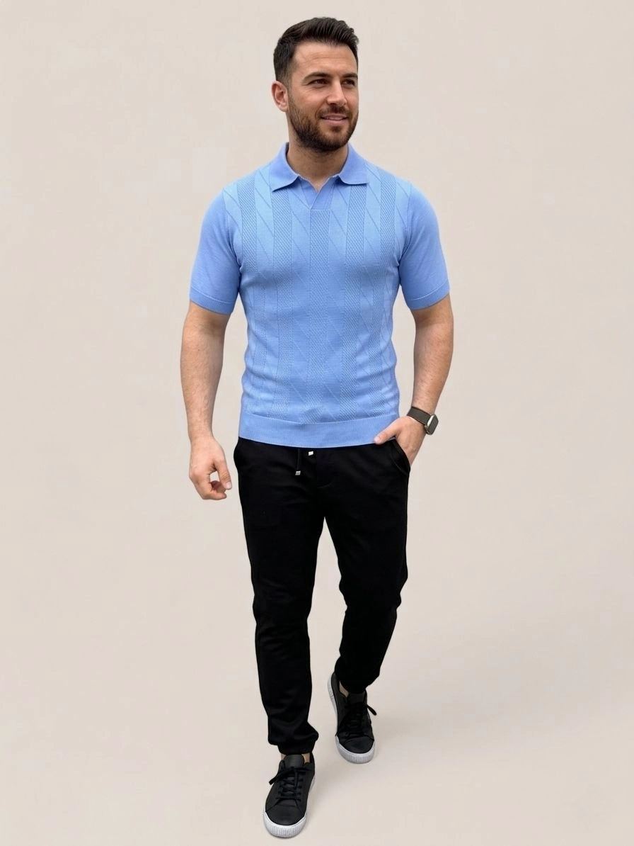 Erkek Yazlık Triko Dokuma Tişört Kısa Kol Polo Yaka T-Shirt - Bebek Mavisi