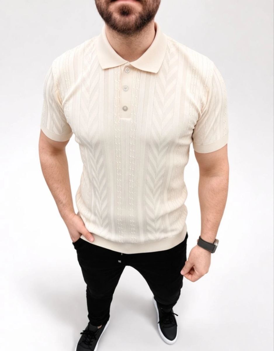 Erkek Yazlık Triko Tişört Kısa Kol Polo Yaka Düğmeli T-Shirt - Krem