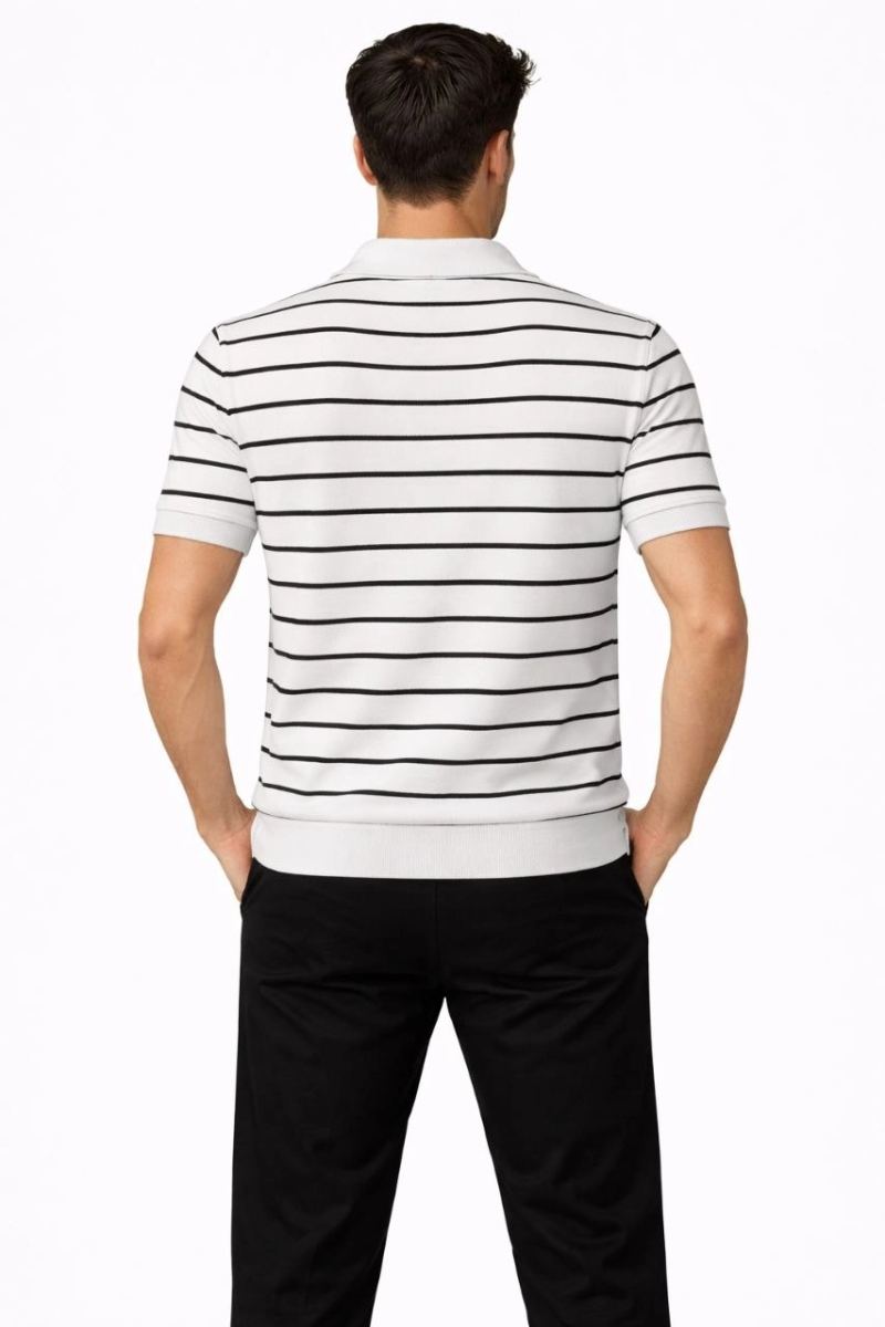 Erkek Triko Polo Yaka Fermuarlı Çizgili Tişört T-Shirt Yazlık Şık - Beyaz