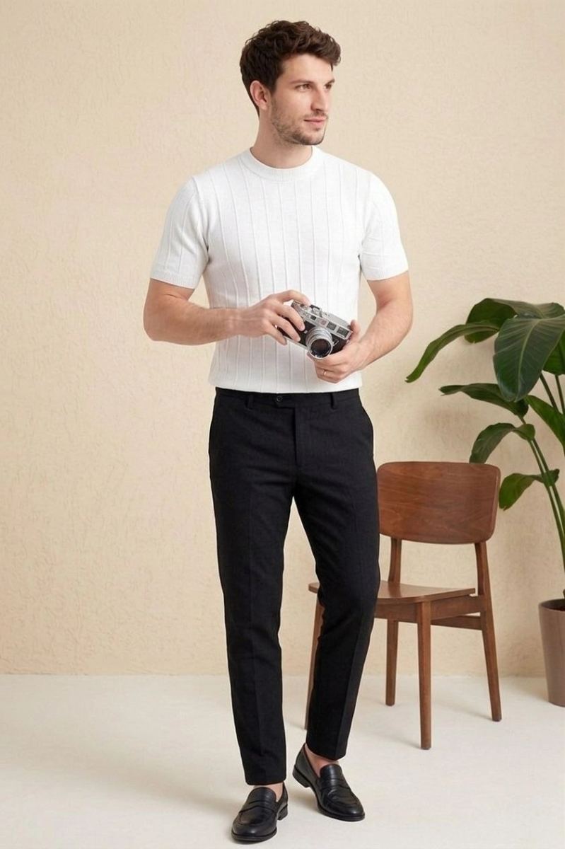 Erkek Yazlık Fitilli Triko Tişört Kısa Kol Bisiklet Yaka T-Shirt - Beyaz