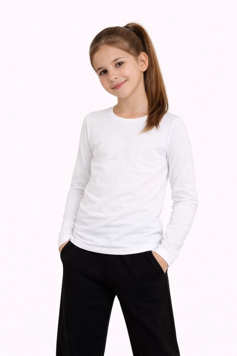 Kız Çocuk Basic Uzun Kollu Tişört Okul Günlük Rahat T-Shirt - Beyaz