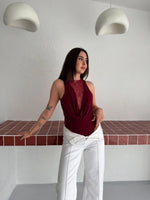 Kadın Dantel Detaylı Derin Dekolte Body Şık Kolsuz Yazlık Bodysuit - Bordo