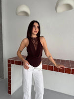 Kadın Dantel Detaylı Derin Dekolte Body Şık Kolsuz Yazlık Bodysuit - Kahvrenegi