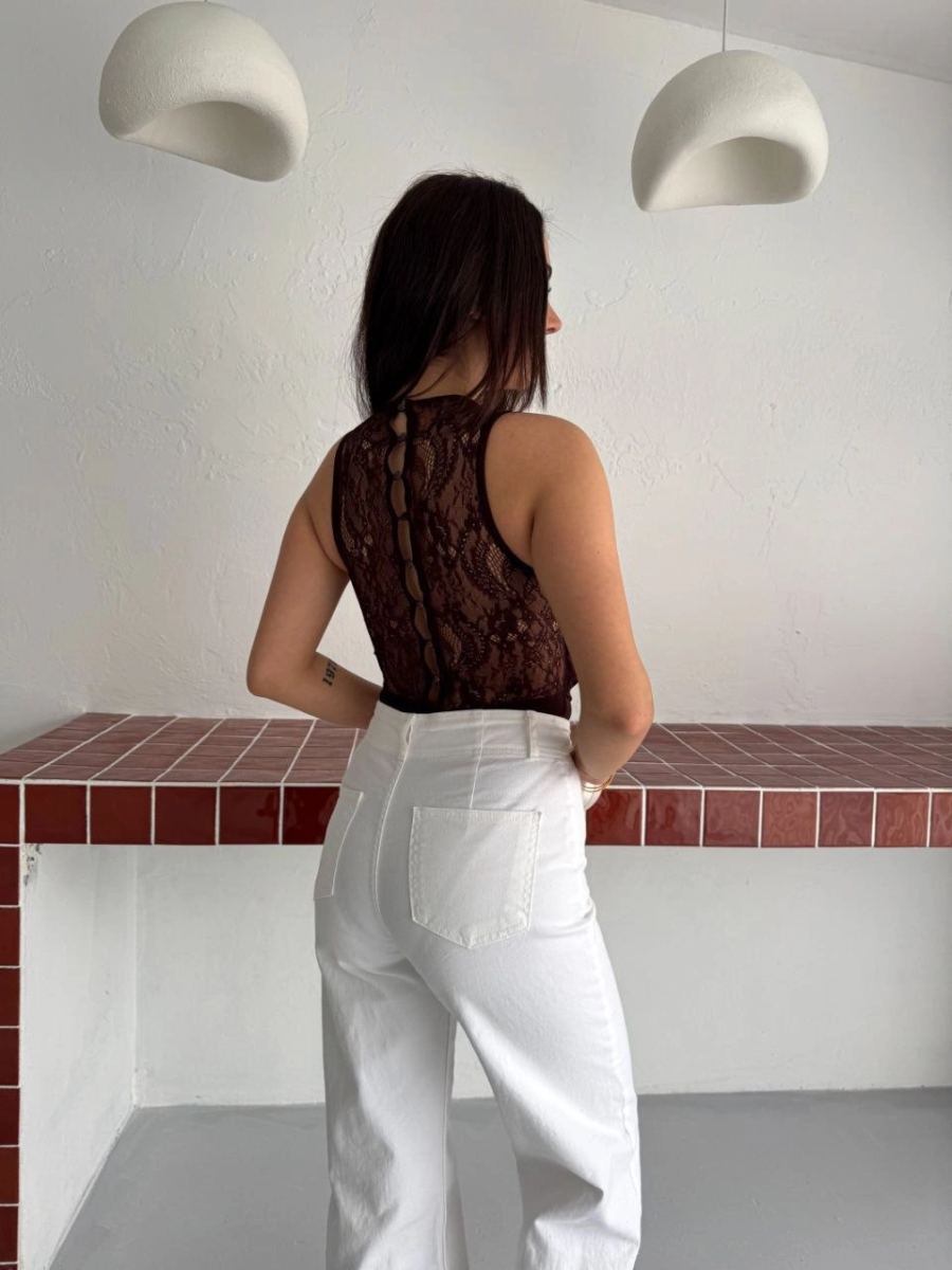 Kadın Dantel Detaylı Derin Dekolte Body Şık Kolsuz Yazlık Bodysuit - Kahvrenegi