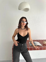 Kadın Derin Dekolte Askılı Body Sırt Dekolteli Şık Kolsuz Yazlık Bodysuit - Siyah