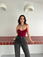 Kadın Derin Dekolte Askılı Body Sırt Dekolteli Şık Kolsuz Yazlık Bodysuit - Kırmızı