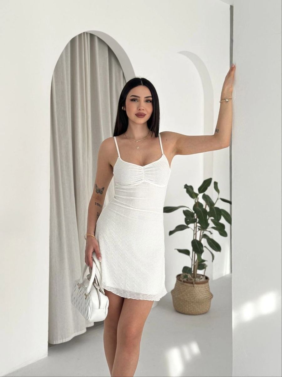 Kadın Askılı Mini Elbise Drapeli Göğüs Detay Likralı Yazlık Fit - Beyaz