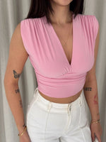 Kadın Vatkalı Kolsuz V Yaka Drapeli Crop Bluz Likralı Fit - Pembe