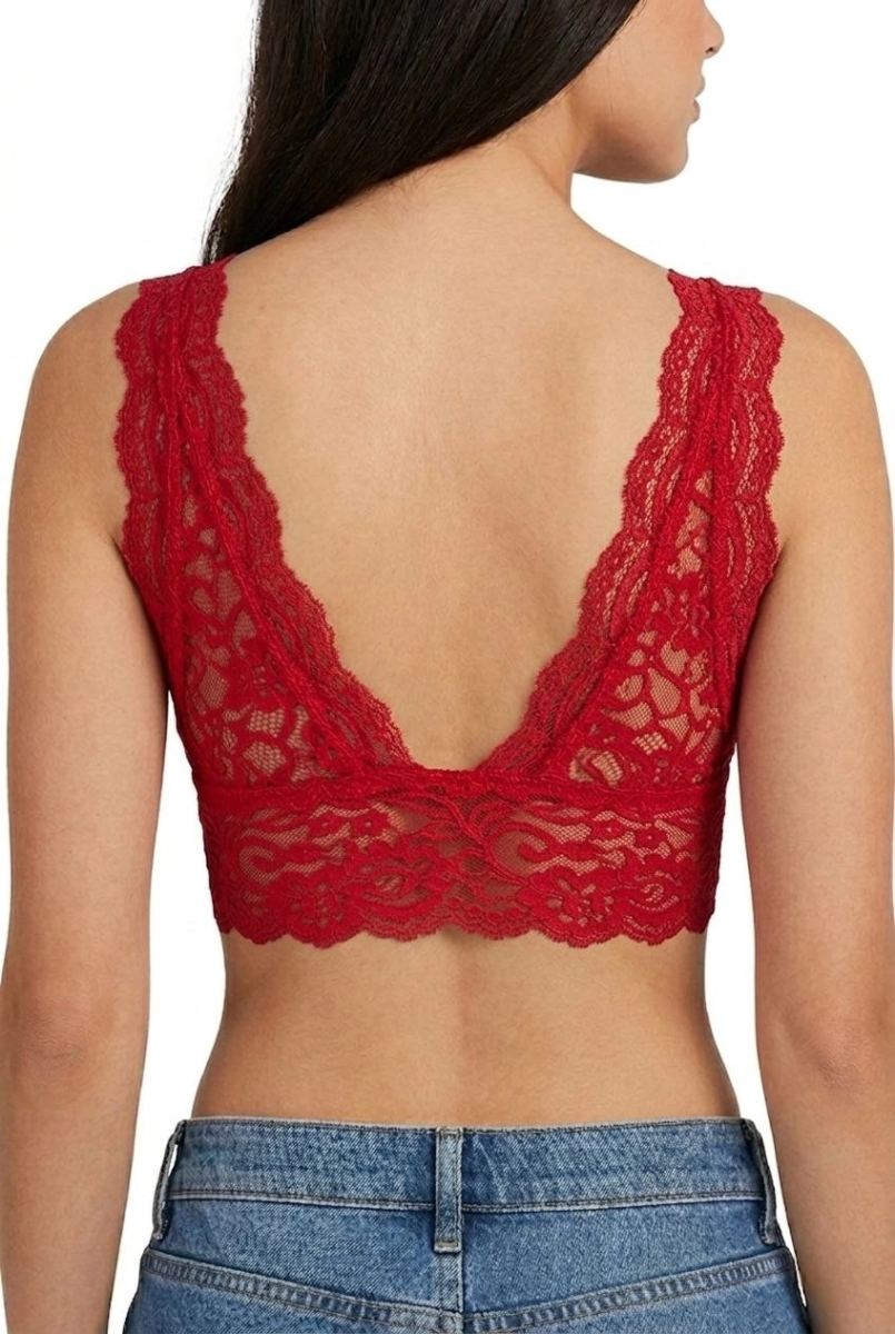 Kadın Dantel Bralet Crop Sütyen V Yaka Askılı Şık Esnek Rahat - Kırmızı