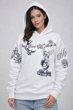 Kadın 3 İplik Pamuklu Kapüşonlu Baskılı SweatShirt hoodie - Beyaz