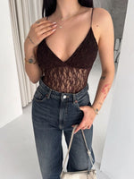 Kadın Dantel Detaylı Derin Dekolte Body Şık Kolsuz Yazlık Bodysuit - Kahvrenegi