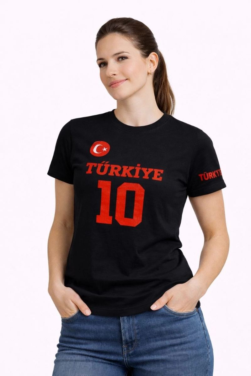 Kadın TÜRKİYE Ay Yıldız Baskılı 10 Numara Forma Tişört Taraftar T-Shirt - Siyah