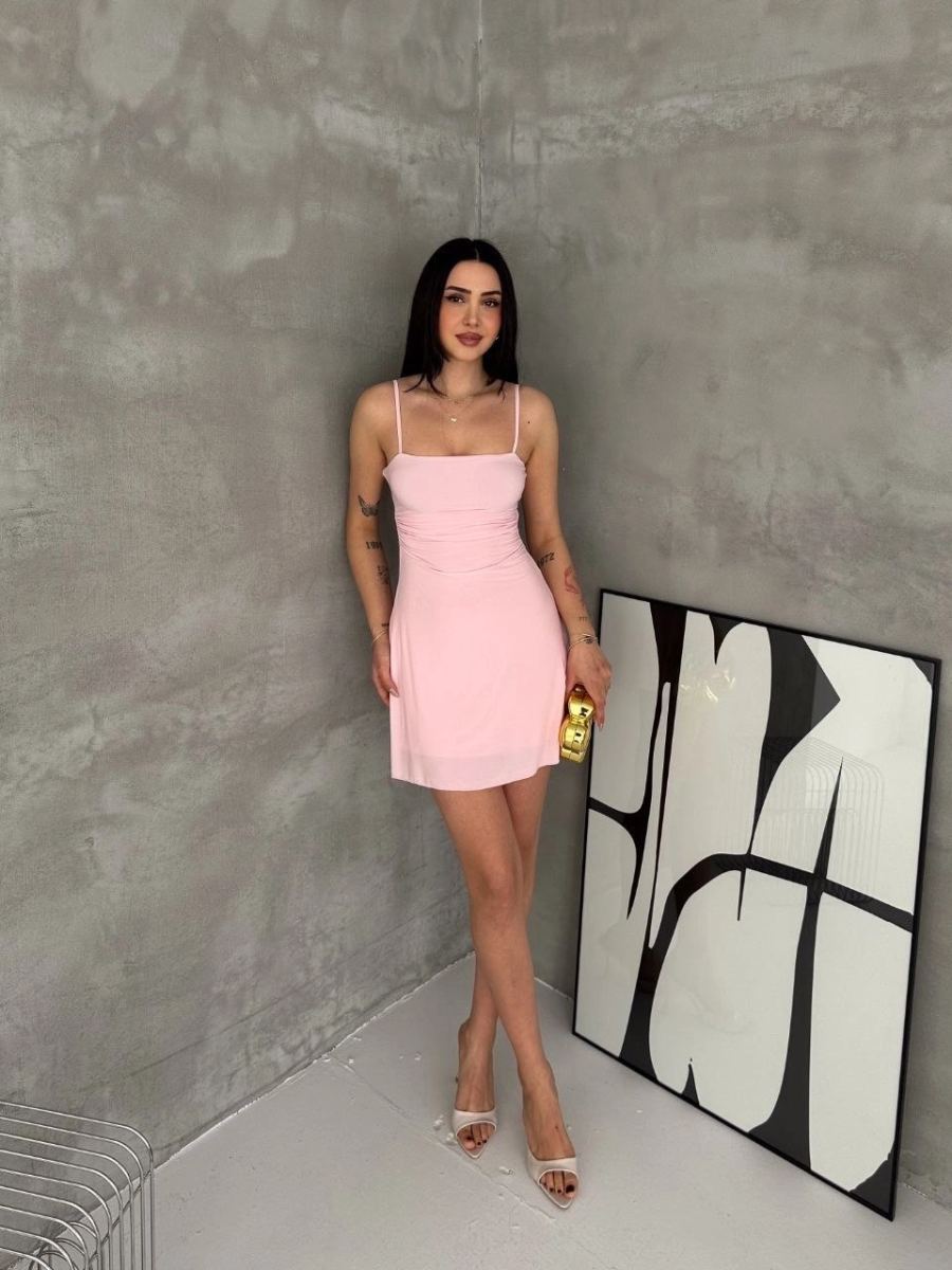 Kadın Askılı Şifon Mini Elbise Drapeli Bel Vücuda Oturan Yazlık Şık - Pembe