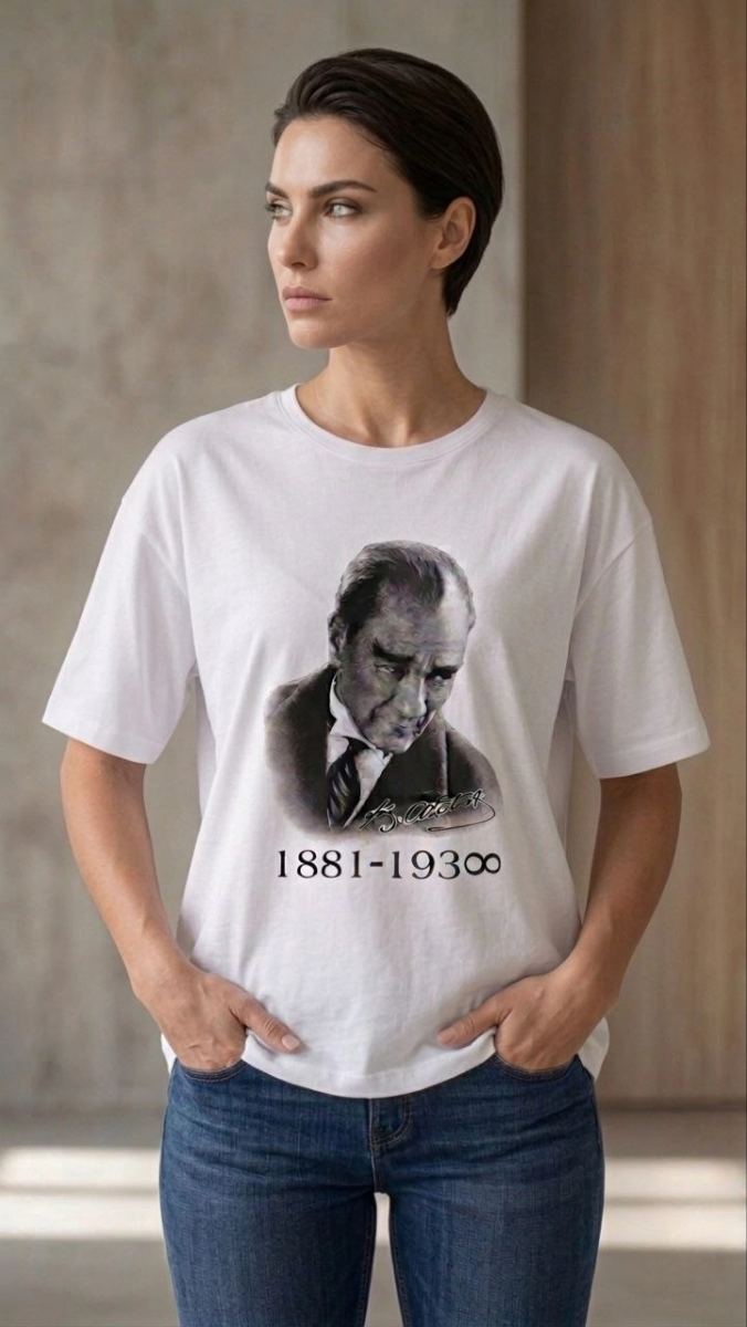Kadın Atatürk Baskılı Tişört Kısa Kollu Bisiklet Yaka T-Shirt - Beyaz