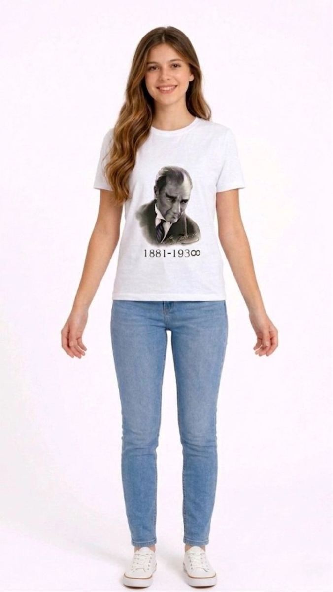 Kız Çocuk Atatürk Baskılı Tişört Kısa Kollu Bisiklet Yaka T-Shirt - Beyaz