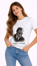 Kız Çocuk Atatürk Baskılı Tişört Kısa Kollu Bisiklet Yaka T-Shirt - Beyaz