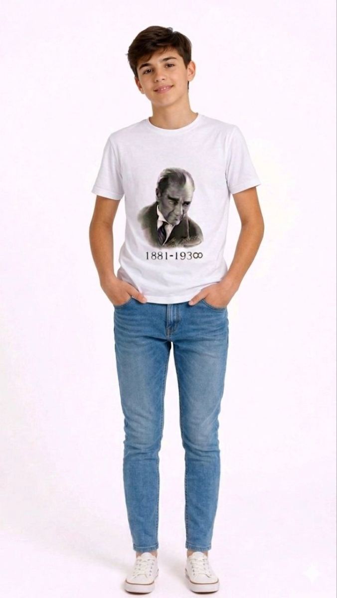 Erkek Çocuk Atatürk Baskılı Tişört Kısa Kollu Bisiklet Yaka T-Shirt - Beyaz