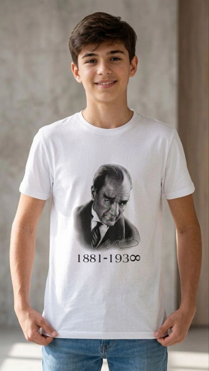 Erkek Çocuk Atatürk Baskılı Tişört Kısa Kollu Bisiklet Yaka T-Shirt - Beyaz