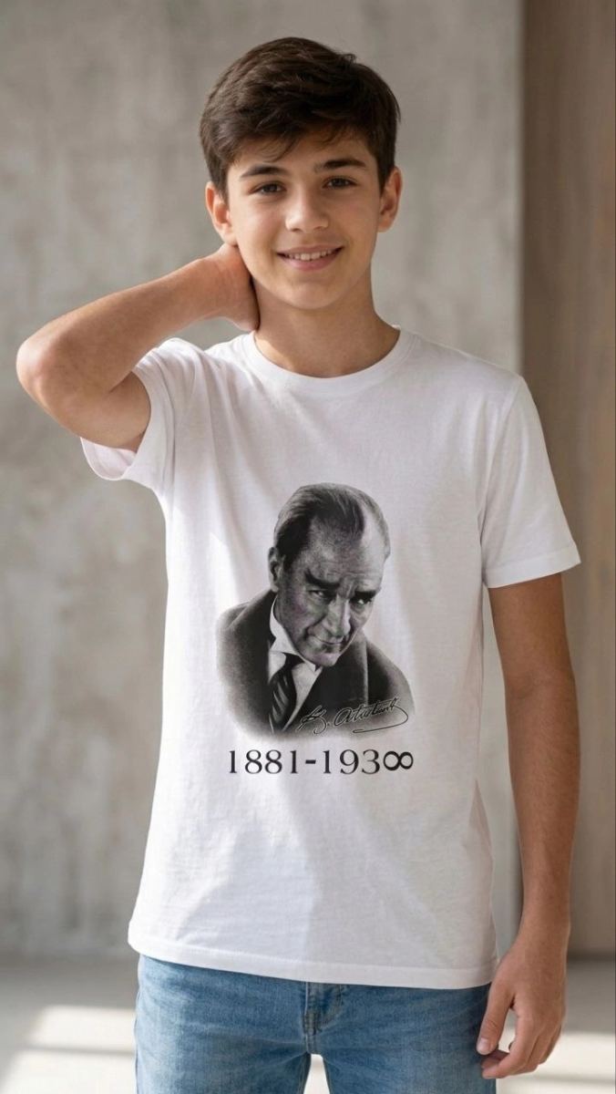 Erkek Çocuk Atatürk Baskılı Tişört Kısa Kollu Bisiklet Yaka T-Shirt - Beyaz