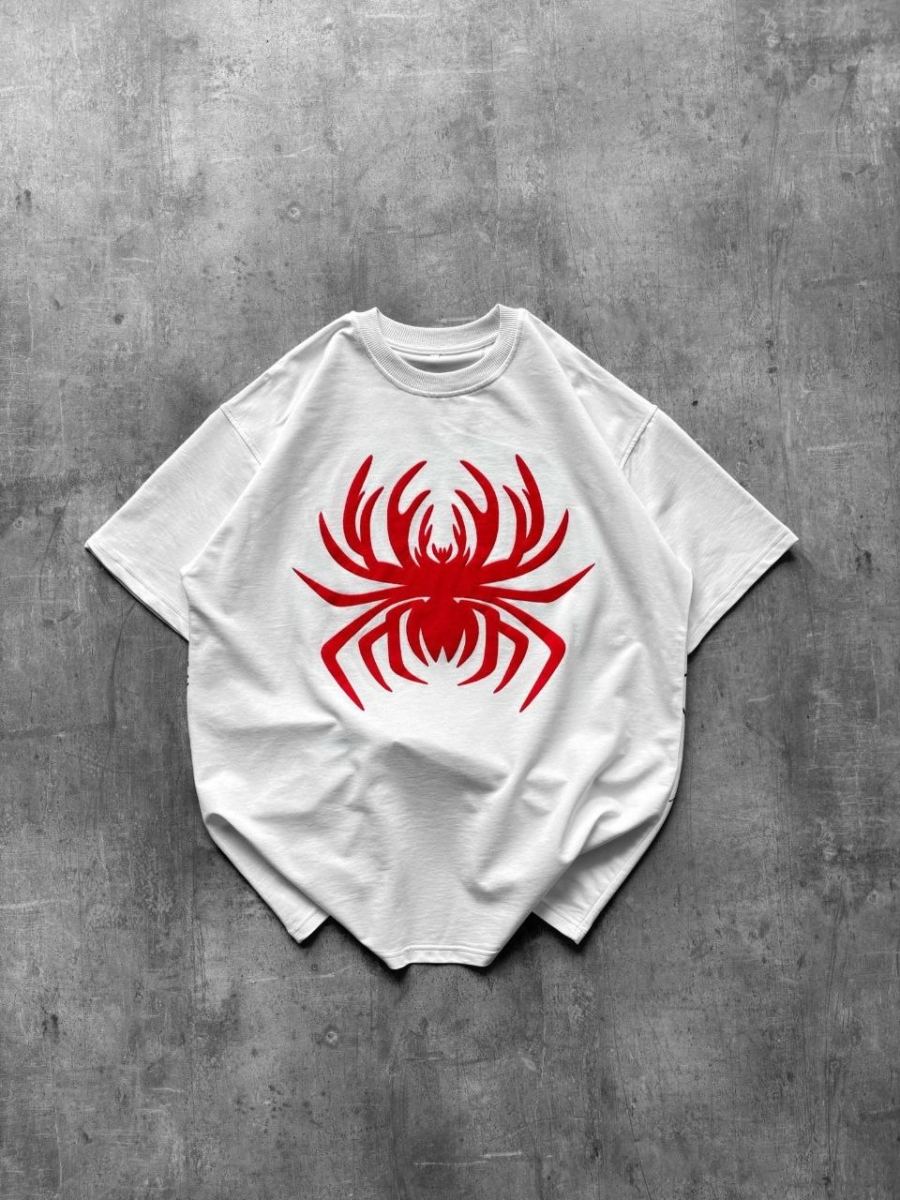 Kadın Örümcek Baskılı Tişört Kısa Kollu Bisiklet Yaka T-Shirt - Beyaz