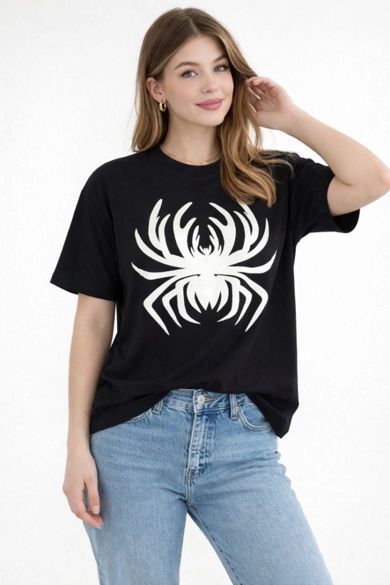 Kadın Örümcek Baskılı Tişört Kısa Kollu Bisiklet Yaka T-Shirt - Siyah