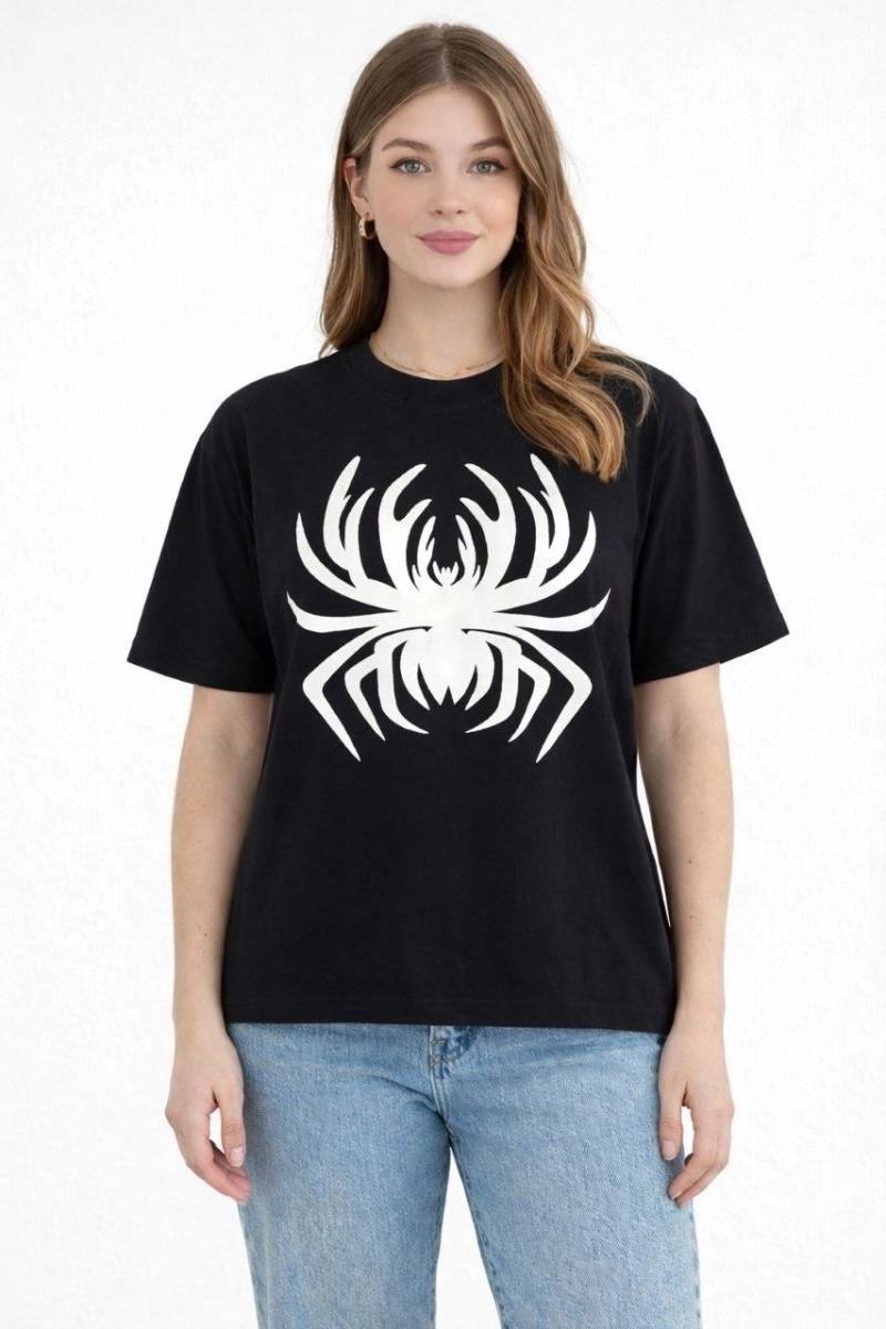 Kadın Örümcek Baskılı Tişört Kısa Kollu Bisiklet Yaka T-Shirt - Siyah