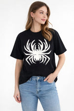 Kadın Örümcek Baskılı Tişört Kısa Kollu Bisiklet Yaka T-Shirt - Siyah