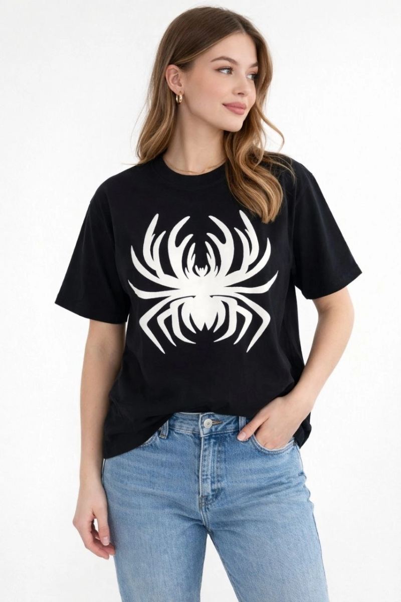 Kadın Örümcek Baskılı Tişört Kısa Kollu Bisiklet Yaka T-Shirt - Siyah