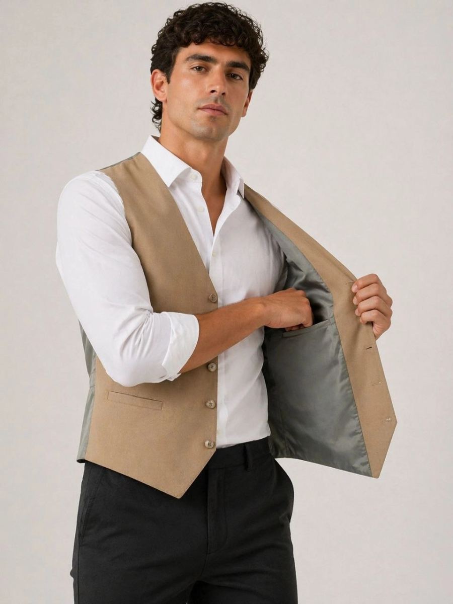 Erkek 6 Cepli Yelek İç Astarlı Sağ Sol İç Cepli Slim Fit Günlük Şık - Bej