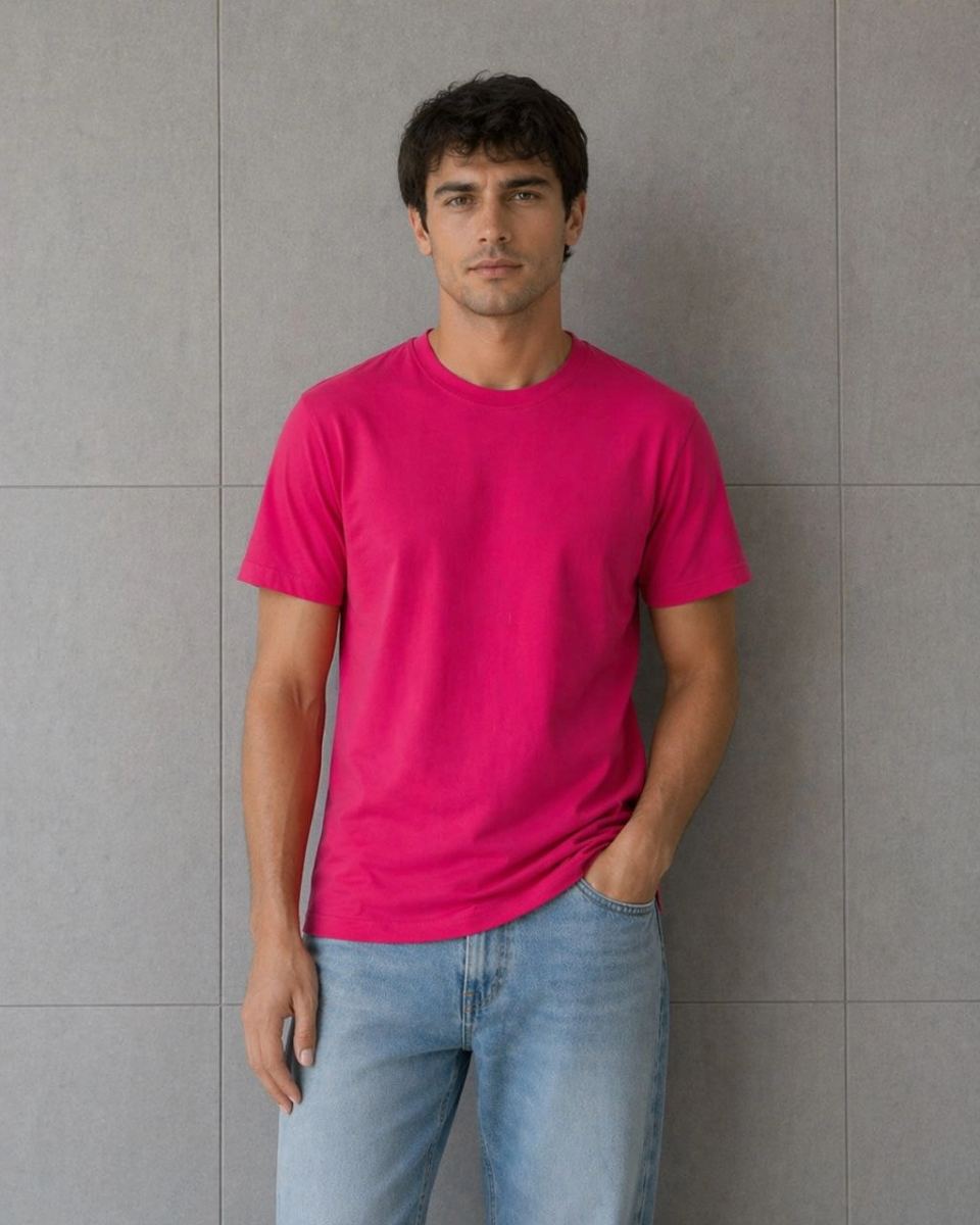 Erkek Basic Pamuklu Tişört Bisiklet Yaka Düz Renk Regular Fit T-Shirt - Fuşya