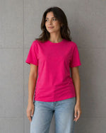 Kadın Basic Pamuklu Tişört Bisiklet Yaka Düz Renk Relaxed Fit T-Shirt - Fuşya