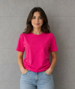 Kadın Basic Pamuklu Tişört Bisiklet Yaka Düz Renk Relaxed Fit T-Shirt - Fuşya