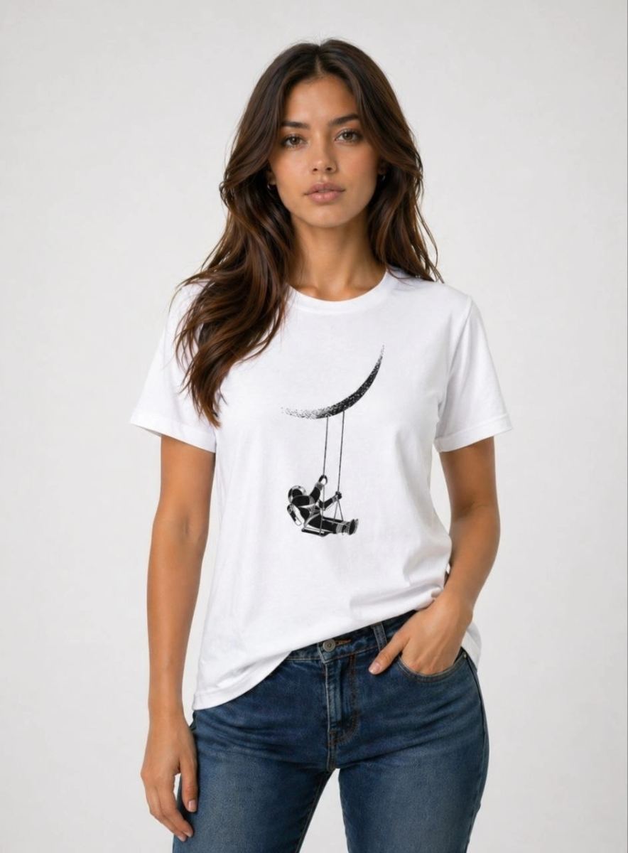 Kadın Astronot Ay Temalı Tişört Kısa Kol Yazlık Bisiklet Yaka T-Shirt - Beyaz