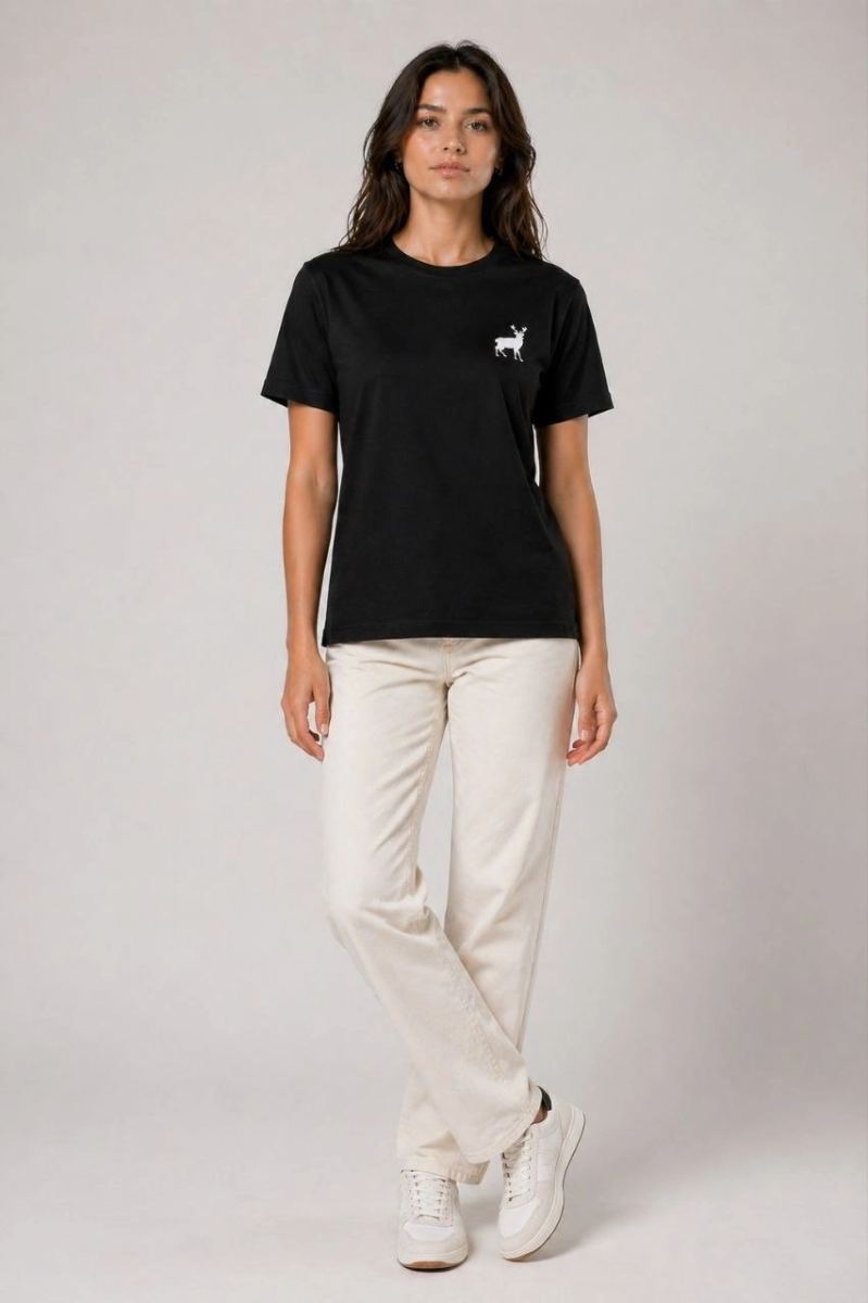 Kadın Minimal Geyik Logolu Tişört Bisiklet Yaka Kısa kol Yazlık T-Shirt - Siyah