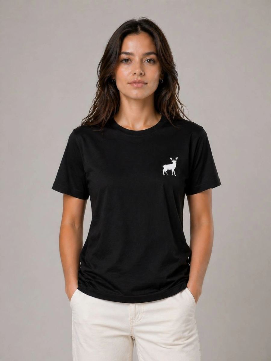 Kadın Minimal Geyik Logolu Tişört Bisiklet Yaka Kısa kol Yazlık T-Shirt - Siyah