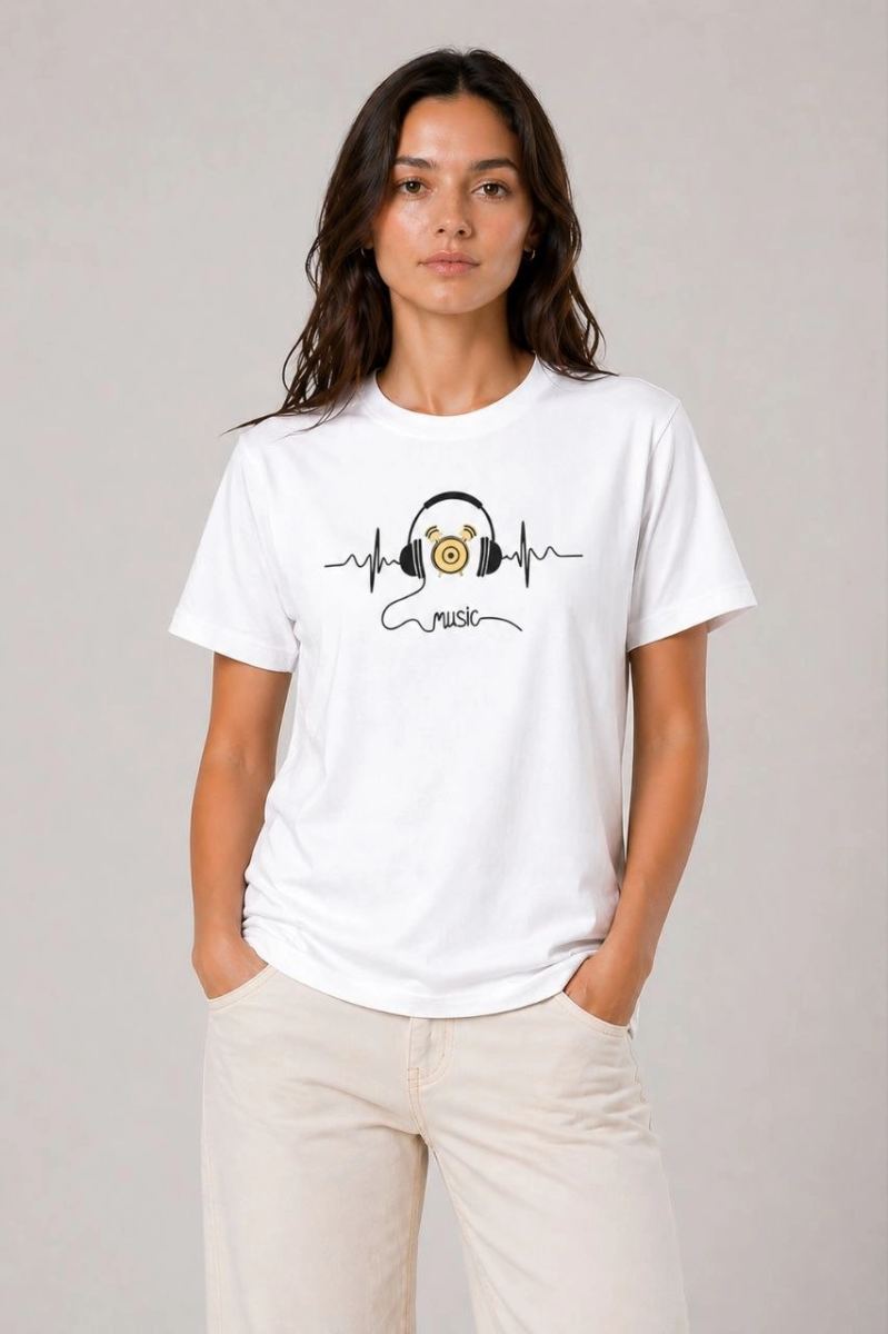 Kadın Müzik Temalı Baskılı Tişört Bisiklet Yaka Kısa Kol T-Shirt - Beyaz