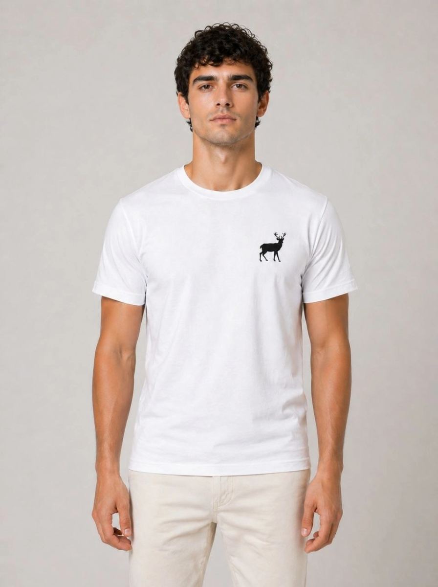 Erkek Minimal Geyik Logolu Tişört Bisiklet Yaka Kısa kol Yazlık T-Shirt - Beyaz