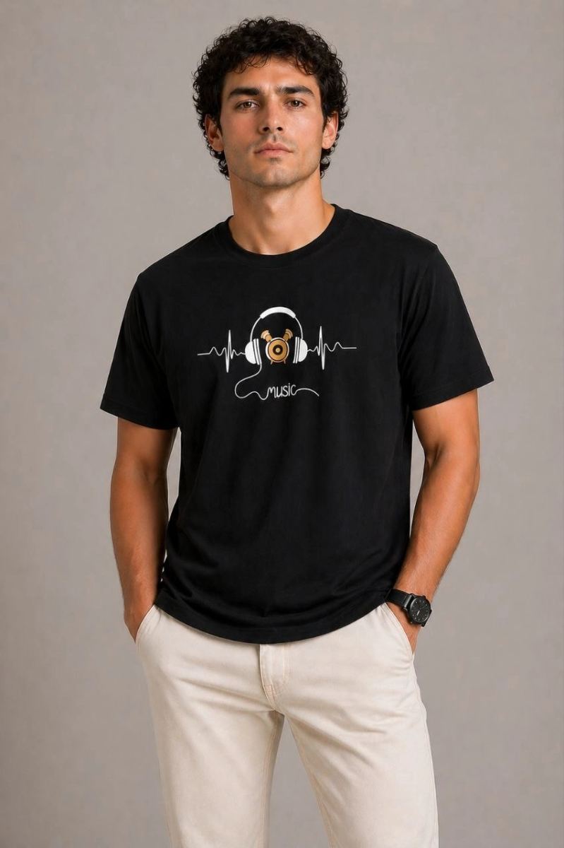 Erkek Müzik Temalı Baskılı Tişört Bisiklet Yaka Kısa Kol T-Shirt - Siyah