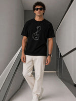 Erkek Minimal Gitar Baskılı Tişört T-Shirt Yazlık Kısa Kol Bisiklet Yaka T-Shirt - Siyah