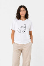 Kadın Köpek Figürlü Minimal Baskılı Tişört Kısa Kol Yazlık T-Shirt - Beyaz