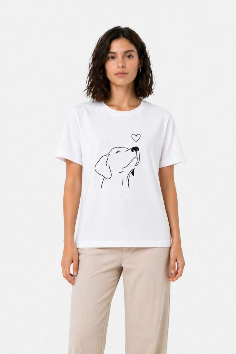 Kadın Köpek Figürlü Minimal Baskılı Tişört Kısa Kol Yazlık T-Shirt - Beyaz