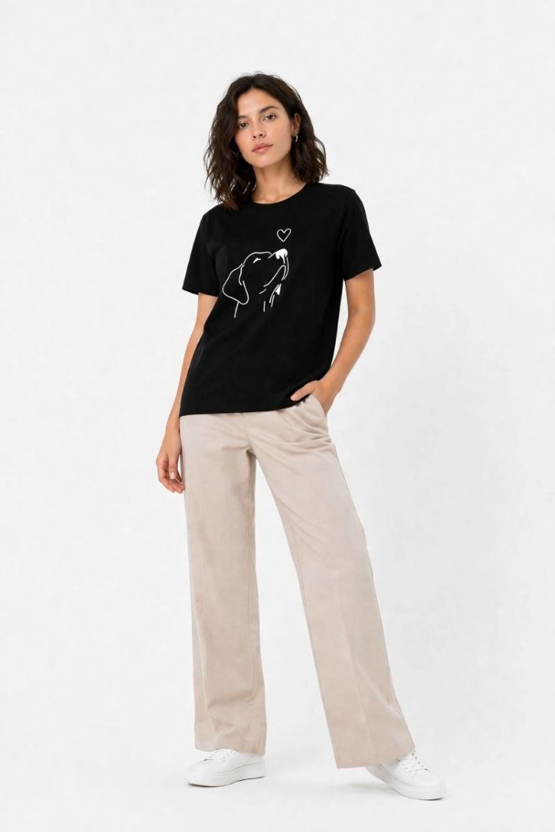 Kadın Köpek Figürlü Minimal Baskılı Tişört Kısa Kol Yazlık T-Shirt - Siyah