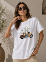 Kadın Motosiklet Baskılı Tişört Bisiklet Yaka Kısa Kol Yazlık T-Shirt - Beyaz