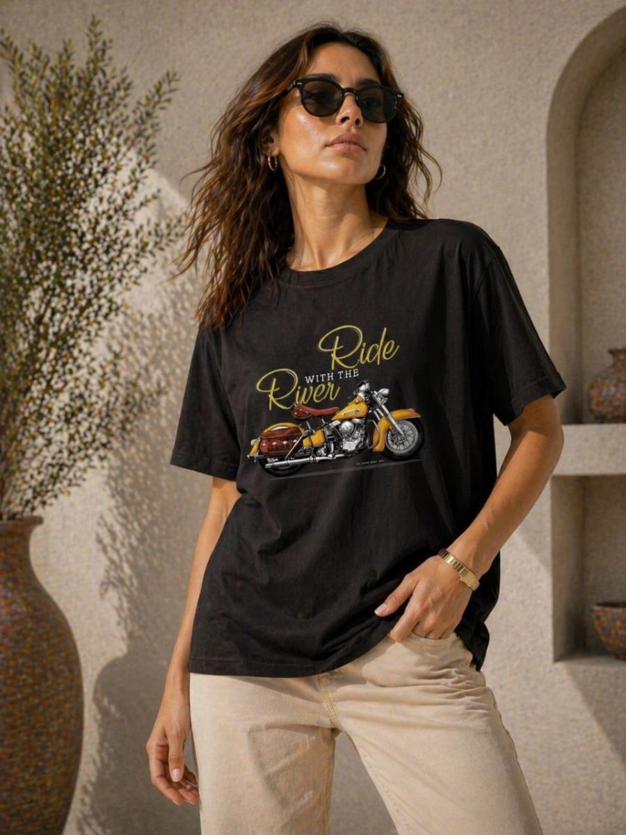 Kadın Motosiklet Baskılı Tişört Bisiklet Yaka Kısa Kol Yazlık T-Shirt - Siyah