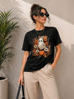 Kadın Balkabağı Hayalet Baskılı Tişört Kısa Kol Yazlık T-Shirt - Siyah