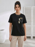 Kadın Sevimli Kedi Cep Baskılı Tişört Kısa Kol Yazlık T-Shirt - Siyah