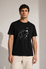 Erkek Köpek Figürlü Minimal Baskılı Tişört Kısa Kol Yazlık T-Shirt - Siyah