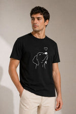 Erkek Köpek Figürlü Minimal Baskılı Tişört Kısa Kol Yazlık T-Shirt - Siyah
