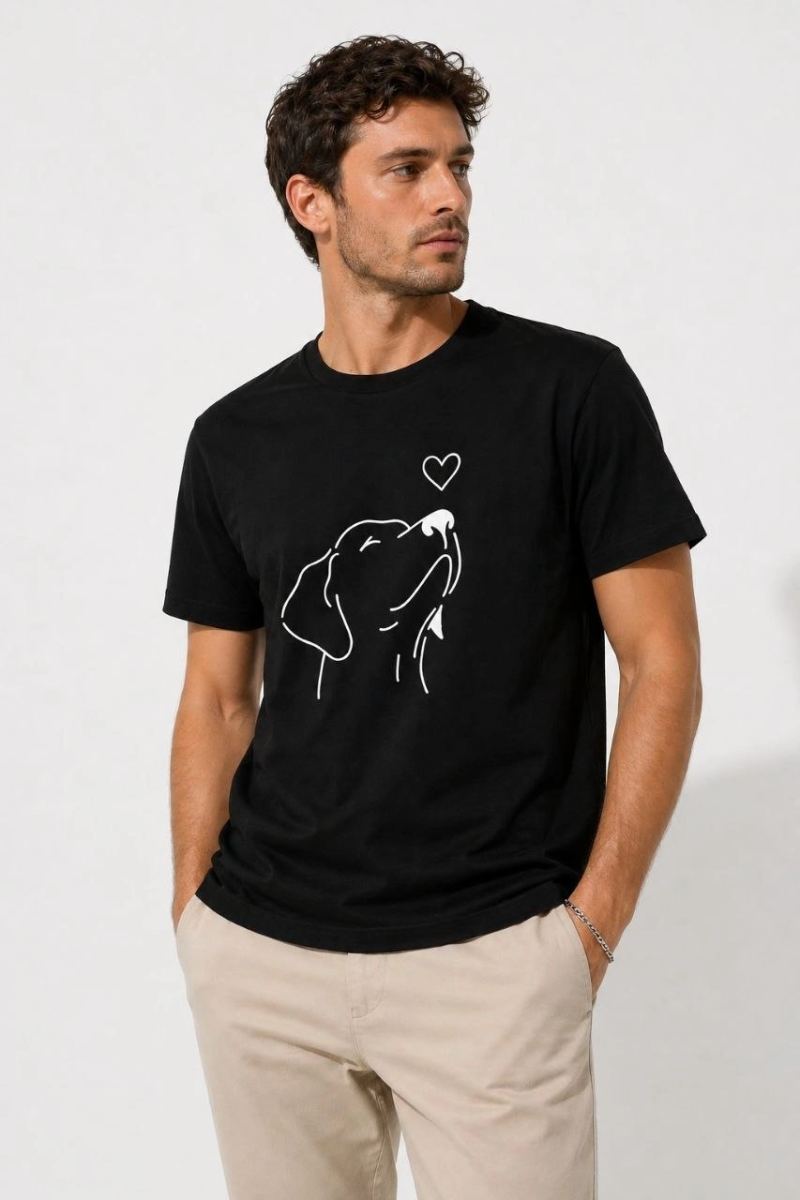 Erkek Köpek Figürlü Minimal Baskılı Tişört Kısa Kol Yazlık T-Shirt - Siyah