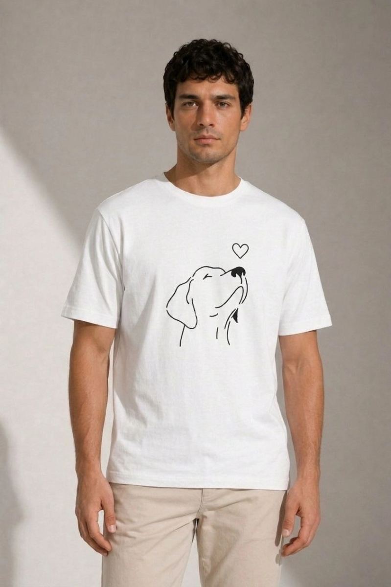Erkek Köpek Figürlü Minimal Baskılı Tişört Kısa Kol Yazlık T-Shirt - Beyaz